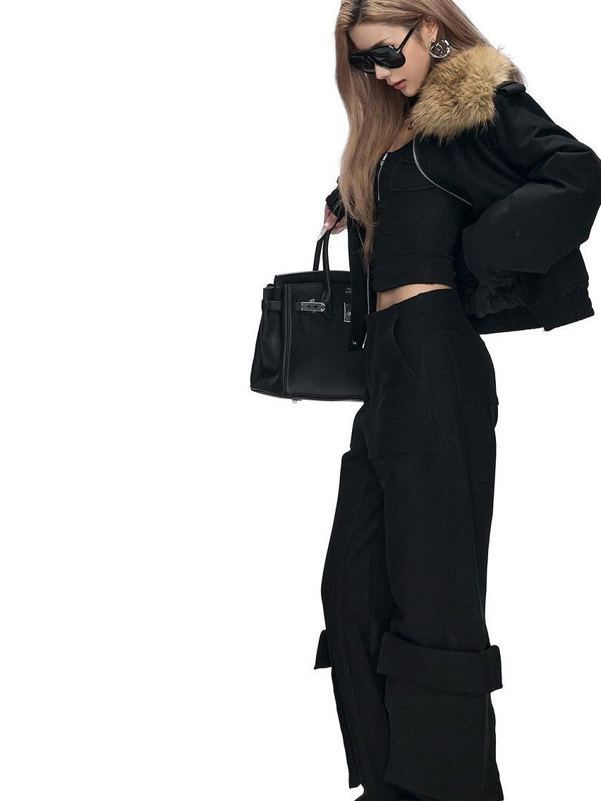 Fanptntox Detachable Fur Collar Quilted Short Women's Polyester Blend Puffer Jackets