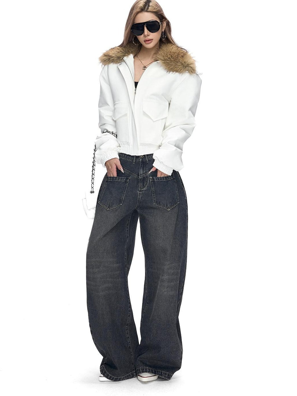 Fanptntox Detachable Fur Collar Quilted Short Women's Polyester Blend Puffer Jackets