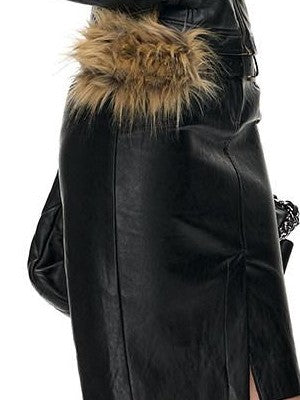 Fanptntox Detachable Fur Cropped Women's Leather Bodycon Matching Skirt Sets
