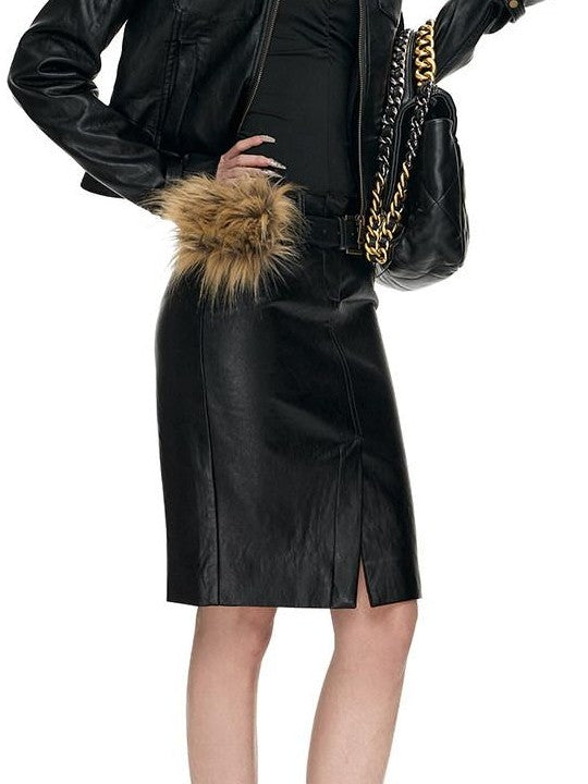 Fanptntox Detachable Fur Cropped Women's Leather Bodycon Matching Skirt Sets
