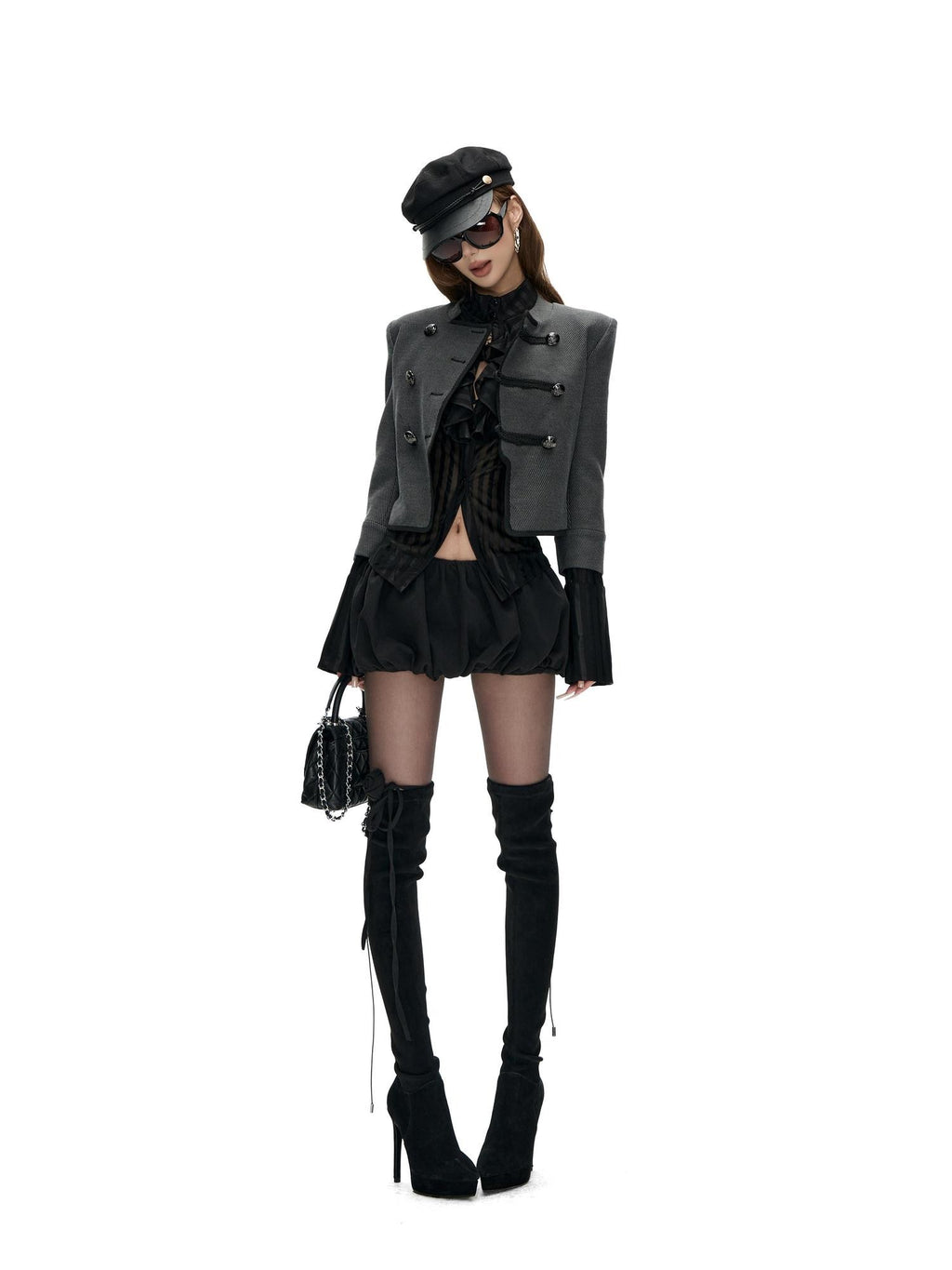 Fanptntox Diagonal Striped Double Breasted Stand Collar Women's Cropped Casual Jackets