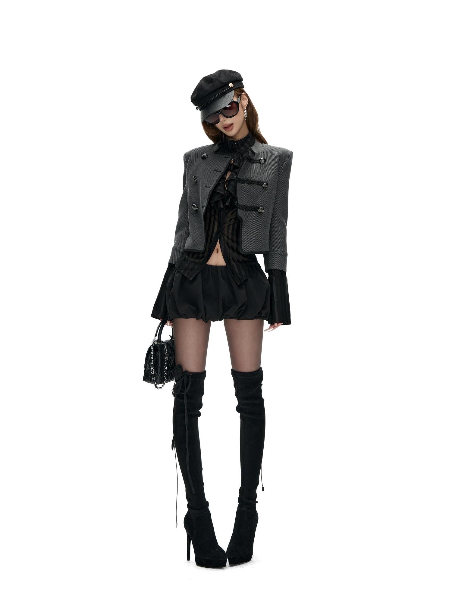Fanptntox Diagonal Striped Double Breasted Stand Collar Women's Cropped Casual Jackets