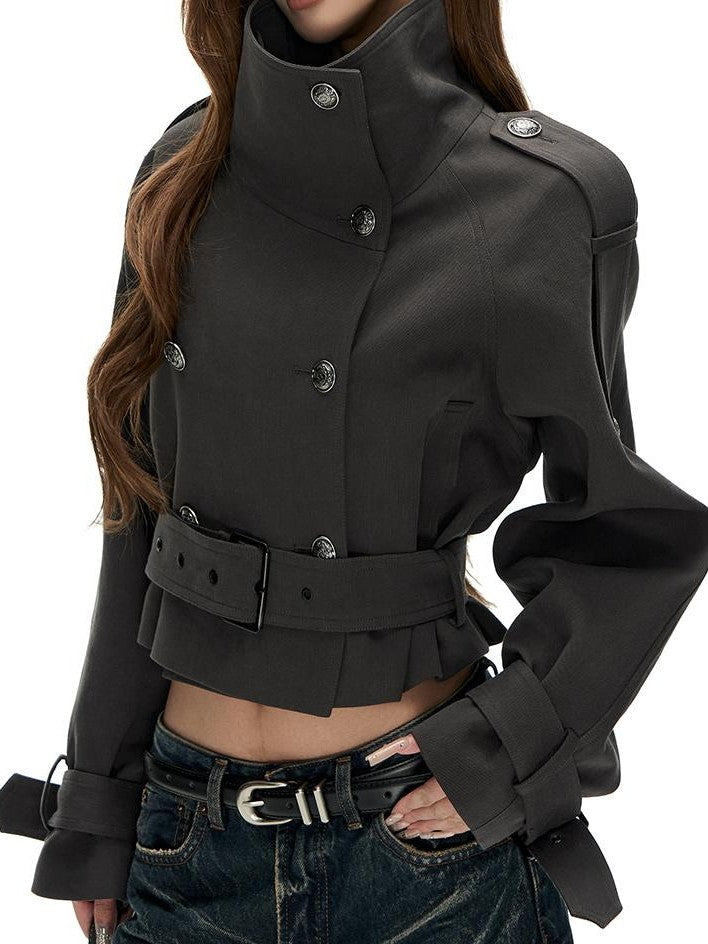 Fanptntox Double Breasted Belted High Collar Slim Fit Lyocell Women's Cropped Jackets