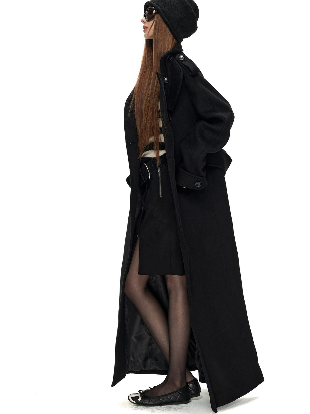 Fanptntox Double Breasted Epaulet Wool Blend Loose Fit Solid Women's Trench Coats