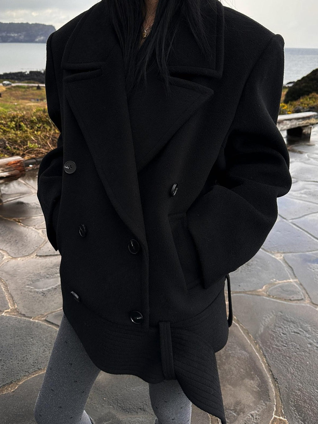 Fanptntox Double Breasted Notch Lapel Padded Shoulder Women's Woolen Short Coats