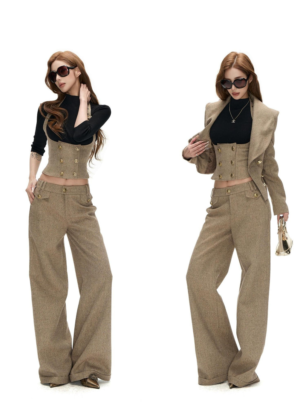 Fanptntox Double Breasted Slim Fit Gold Thread Twill Women's Casual Top & Pants Sets
