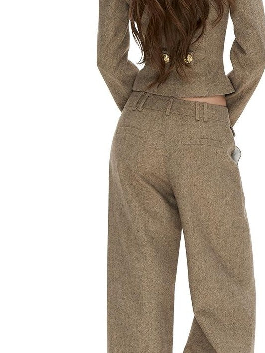 Fanptntox Double Breasted Slim Fit Gold Thread Twill Women's Casual Top & Pants Sets