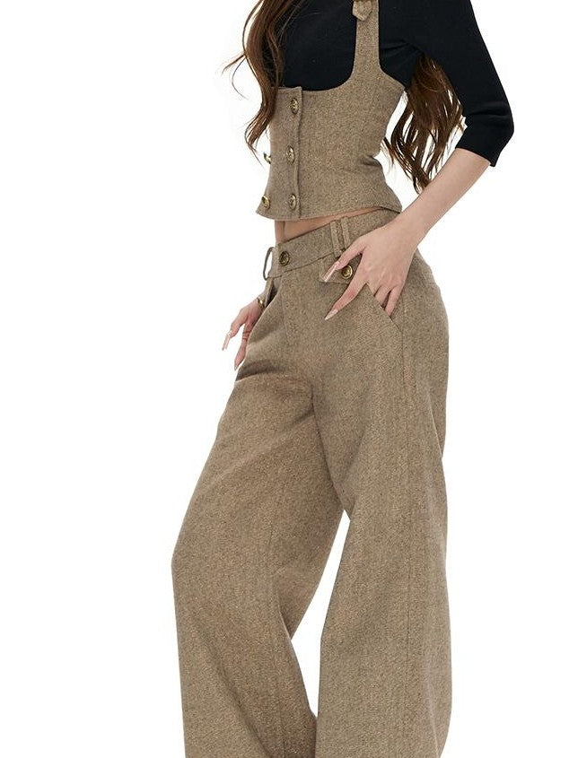Fanptntox Double Breasted Slim Fit Gold Thread Twill Women's Casual Top & Pants Sets