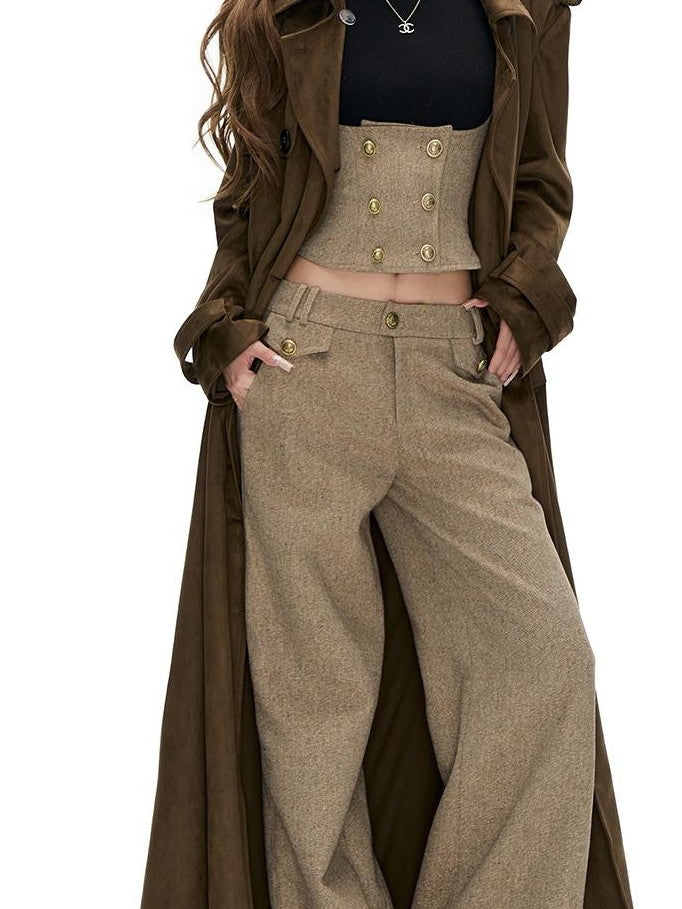 Fanptntox Double Breasted Slim Fit Gold Thread Twill Women's Casual Top & Pants Sets