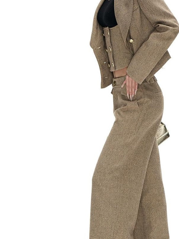 Fanptntox Double Breasted Slim Fit Gold Thread Twill Women's Casual Top & Pants Sets