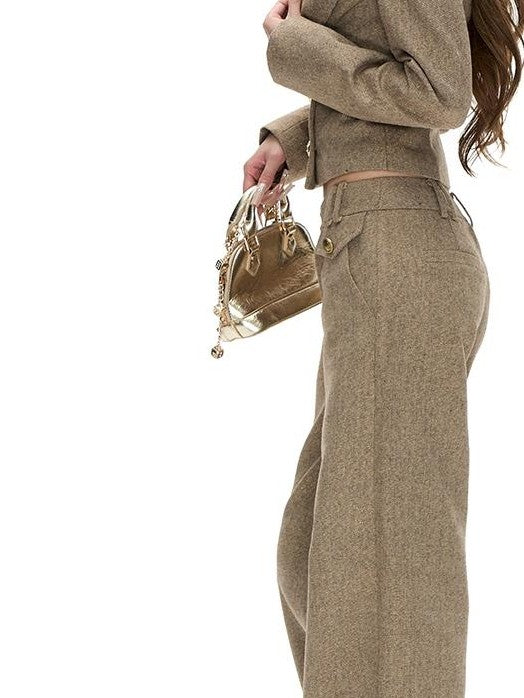 Fanptntox Double Breasted Slim Fit Gold Thread Twill Women's Casual Top & Pants Sets