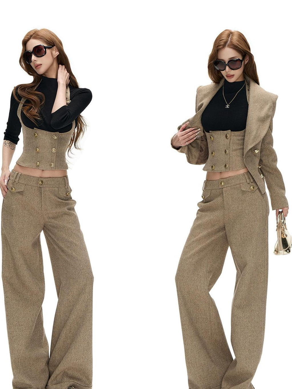 Fanptntox Double Breasted Slim Fit Gold Thread Twill Women's Casual Top & Pants Sets
