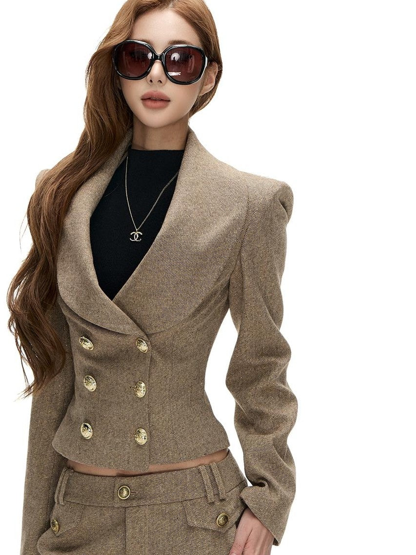 Fanptntox Double Breasted Slim Fit Gold Thread Twill Women's Casual Top & Pants Sets