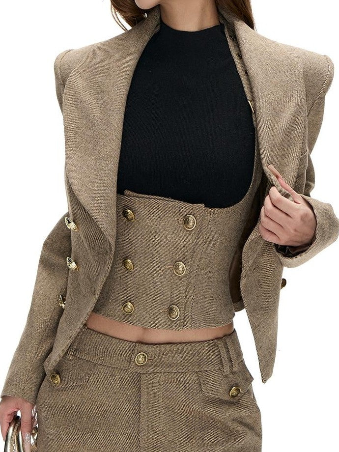 Fanptntox Double Breasted Slim Fit Gold Thread Twill Women's Casual Top & Pants Sets