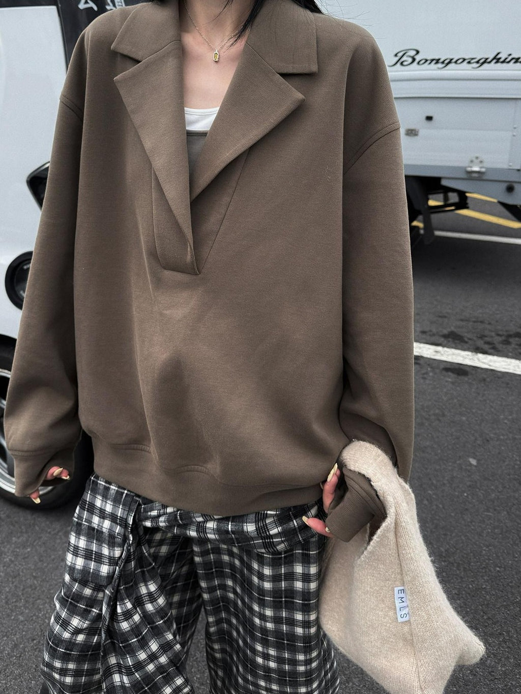 Fanptntox Earth Tone Oversized Notched Collar Loose Long Sleeve Women's Cardigans