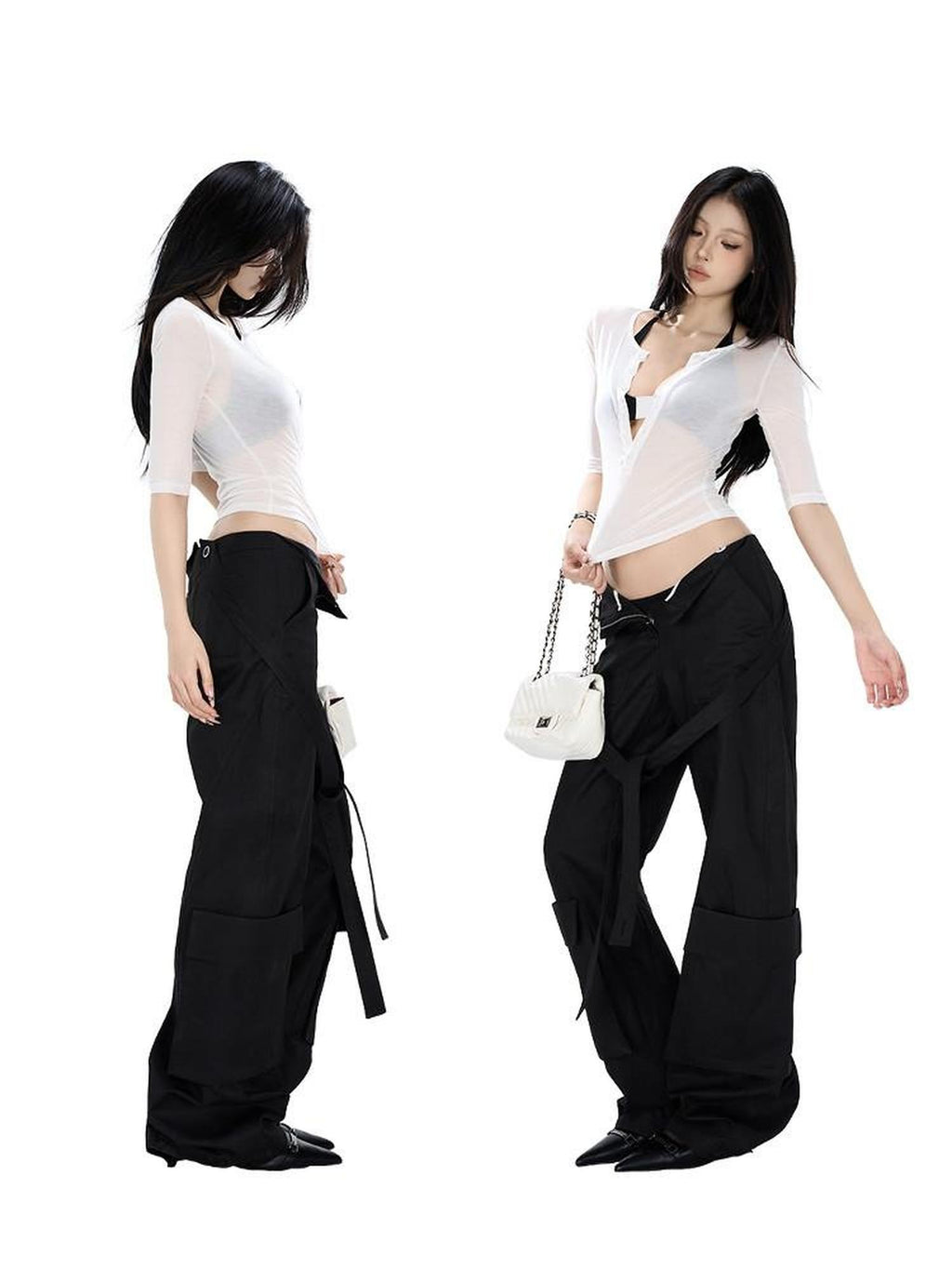 Fanptntox Edgy Low Waist Cargo Large Pocket Tie Detail Women's Other Wide-leg Pants