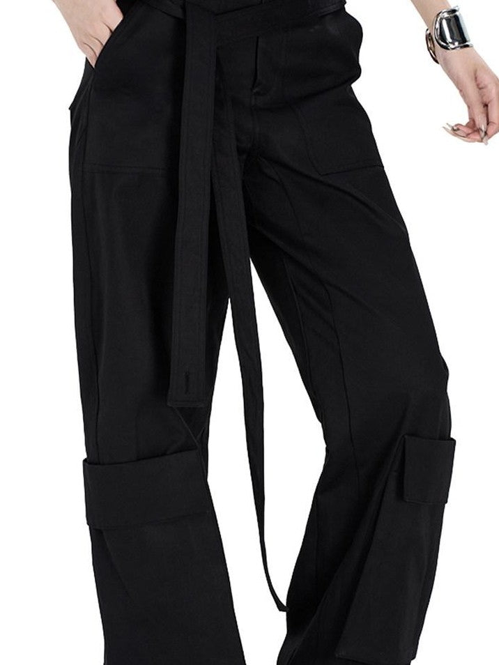 Fanptntox Edgy Low Waist Cargo Large Pocket Tie Detail Women's Other Wide-leg Pants