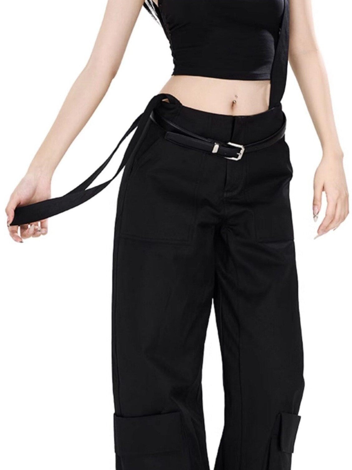 Fanptntox Edgy Low Waist Cargo Large Pocket Tie Detail Women's Other Wide-leg Pants