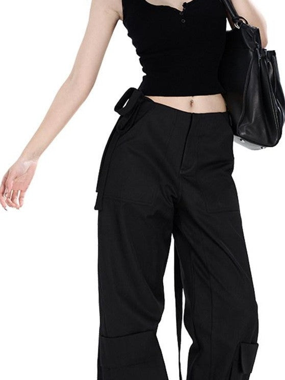 Fanptntox Edgy Low Waist Cargo Large Pocket Tie Detail Women's Other Wide-leg Pants