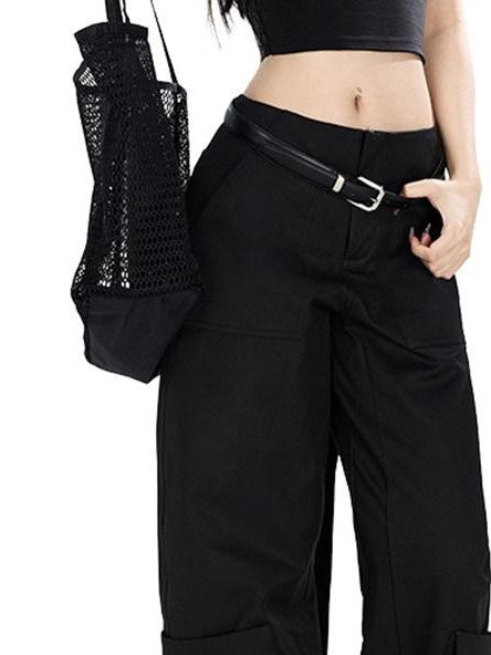 Fanptntox Edgy Low Waist Cargo Large Pocket Tie Detail Women's Other Wide-leg Pants