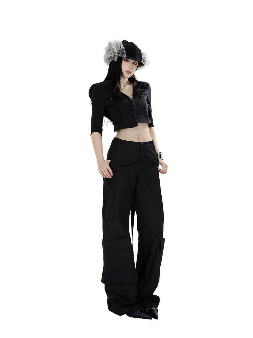 Fanptntox Edgy Low Waist Cargo Large Pocket Tie Detail Women's Other Wide-leg Pants