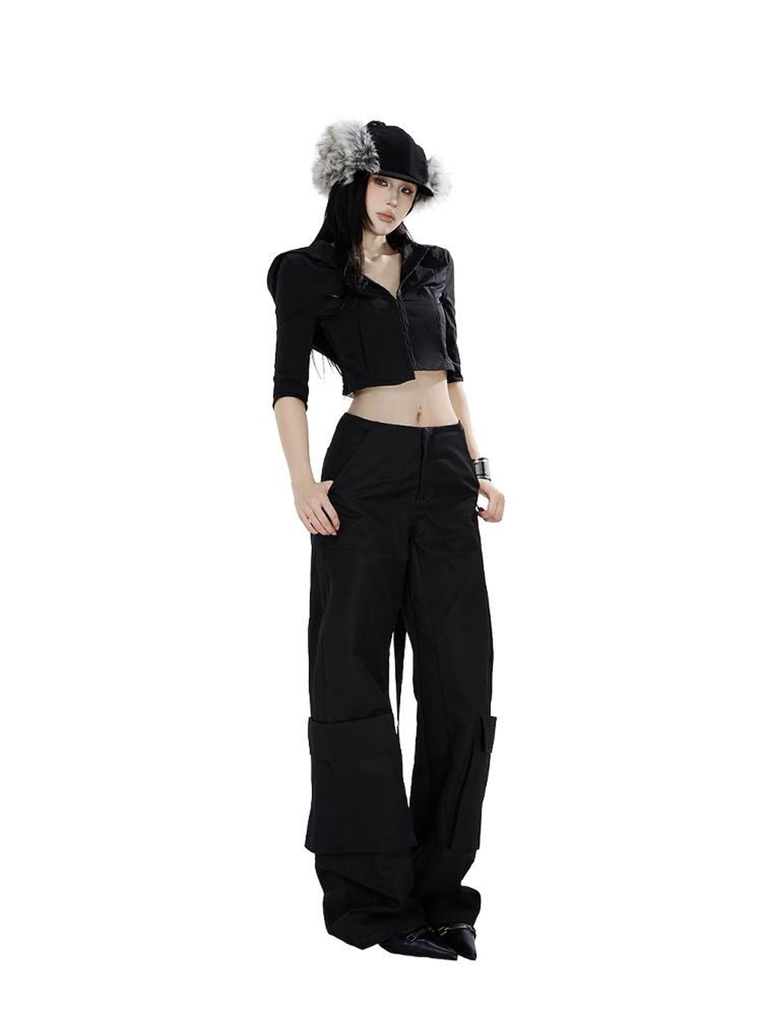 Fanptntox Edgy Low Waist Cargo Large Pocket Tie Detail Women's Other Wide-leg Pants