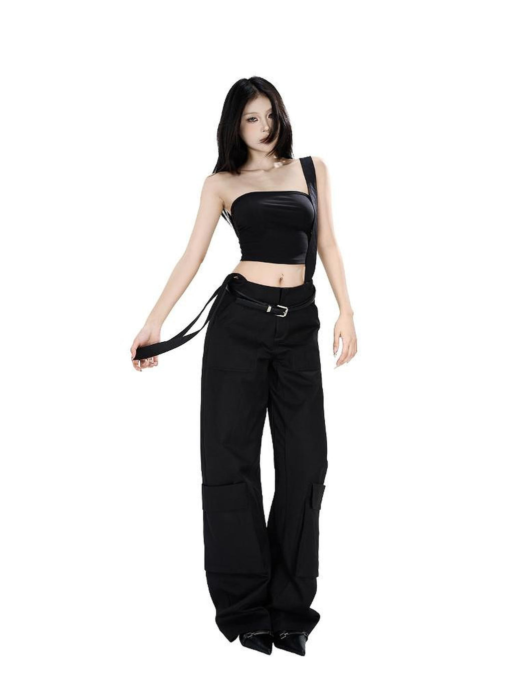 Fanptntox Edgy Low Waist Cargo Large Pocket Tie Detail Women's Other Wide-leg Pants