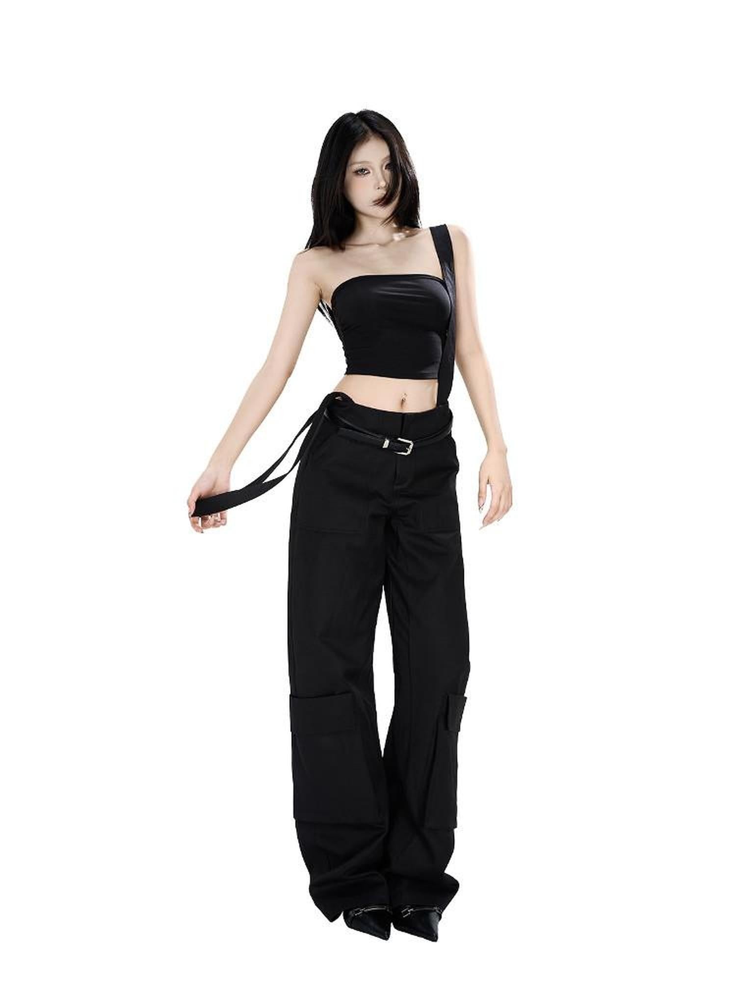 Fanptntox Edgy Low Waist Cargo Large Pocket Tie Detail Women's Other Wide-leg Pants