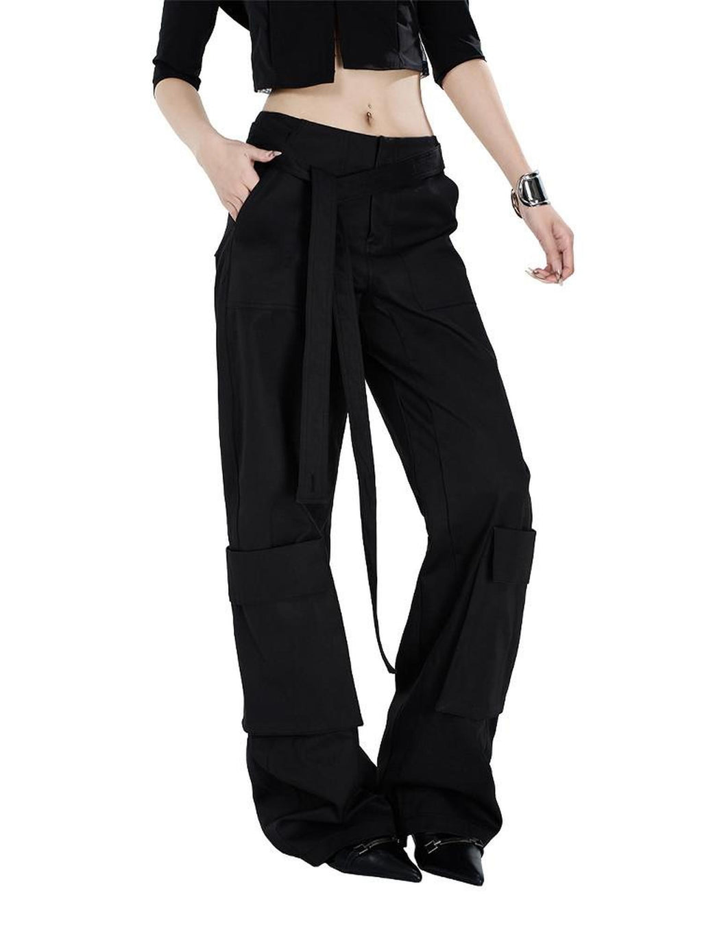 Fanptntox Edgy Low Waist Cargo Large Pocket Tie Detail Women's Other Wide-leg Pants