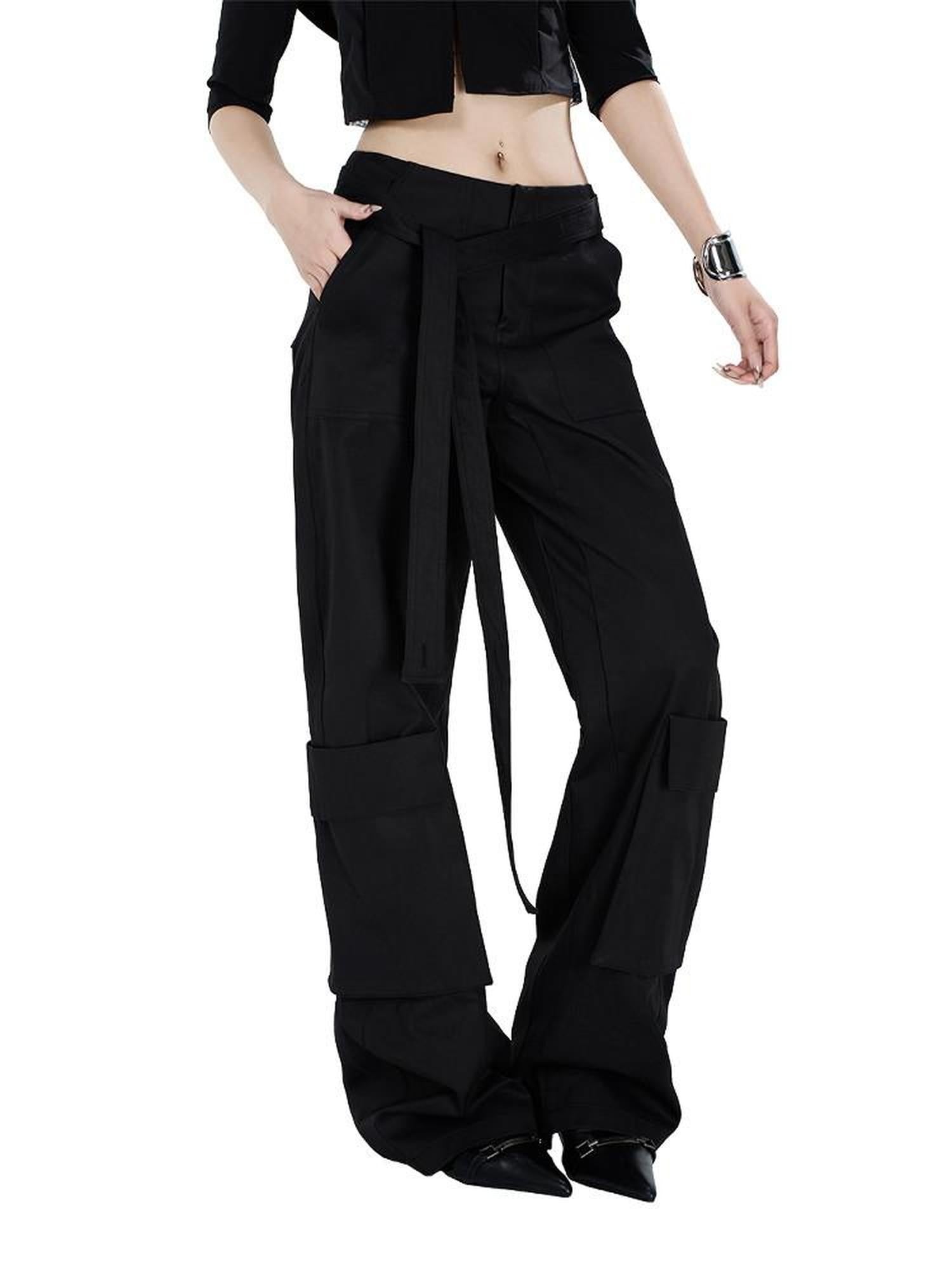 Fanptntox Edgy Low Waist Cargo Large Pocket Tie Detail Women's Other Wide-leg Pants