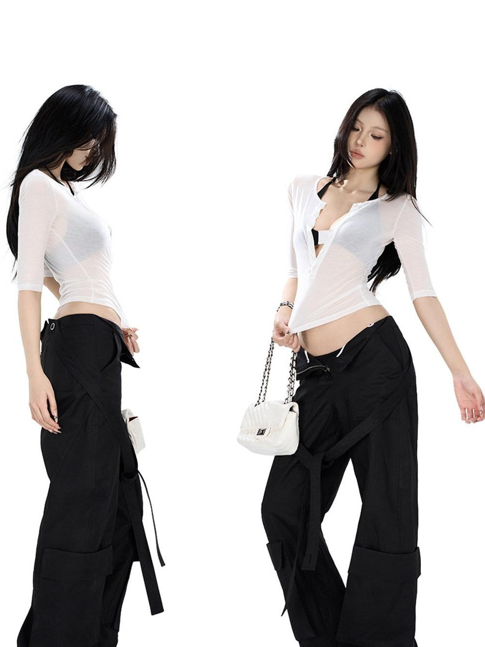 Fanptntox Edgy Low Waist Cargo Large Pocket Tie Detail Women's Other Wide-leg Pants