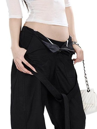 Fanptntox Edgy Low Waist Cargo Large Pocket Tie Detail Women's Other Wide-leg Pants