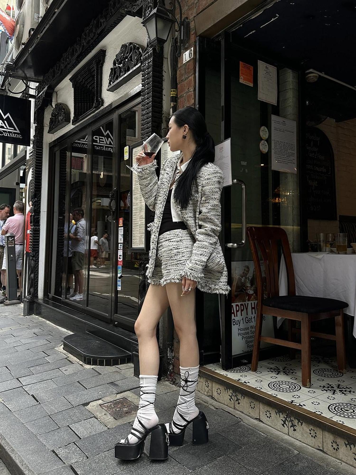 Fanptntox Effortless Frayed Edge Tweed Print Women's Casual Top & Shorts Sets