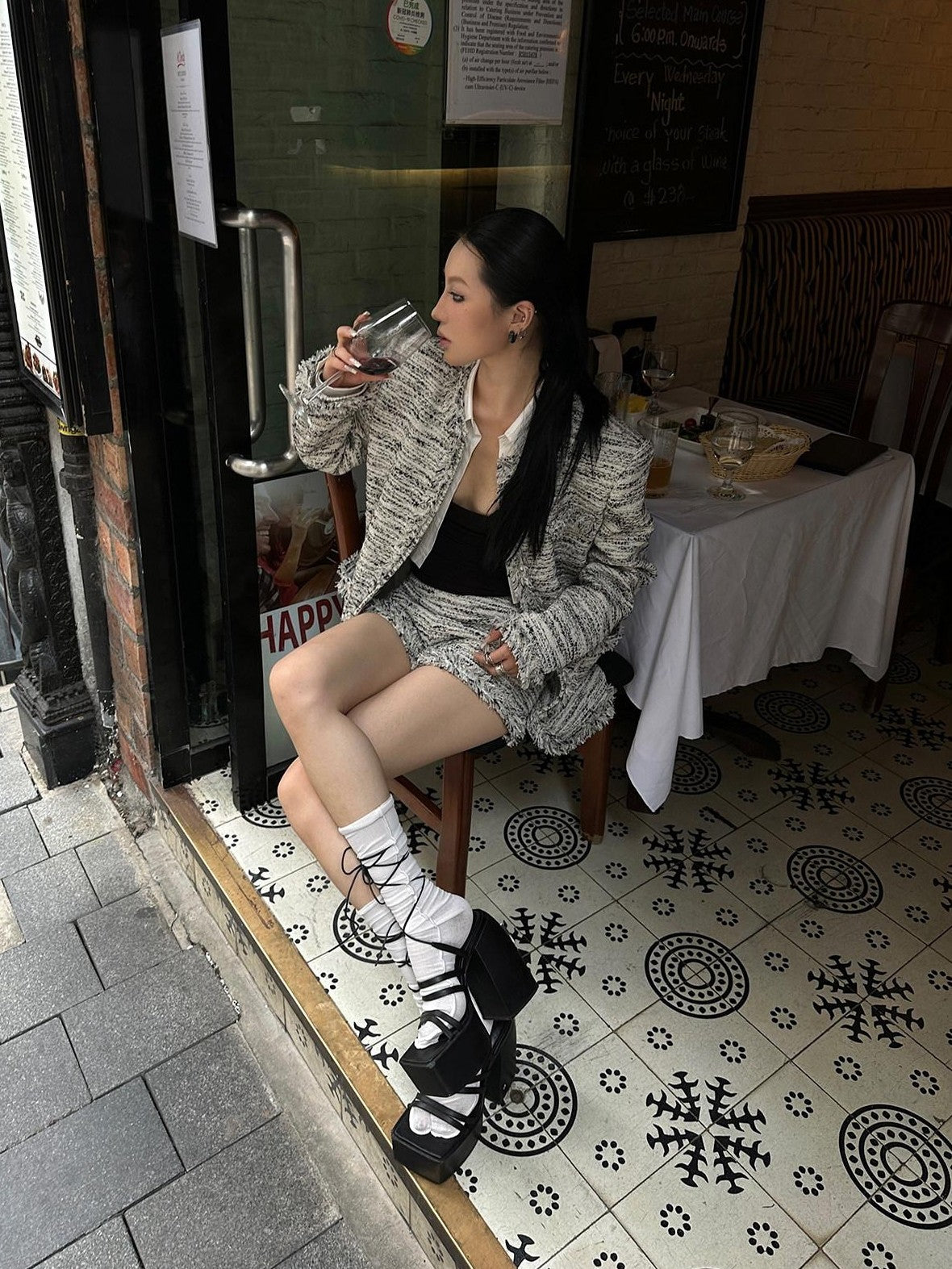 Fanptntox Effortless Frayed Edge Tweed Print Women's Casual Top & Shorts Sets