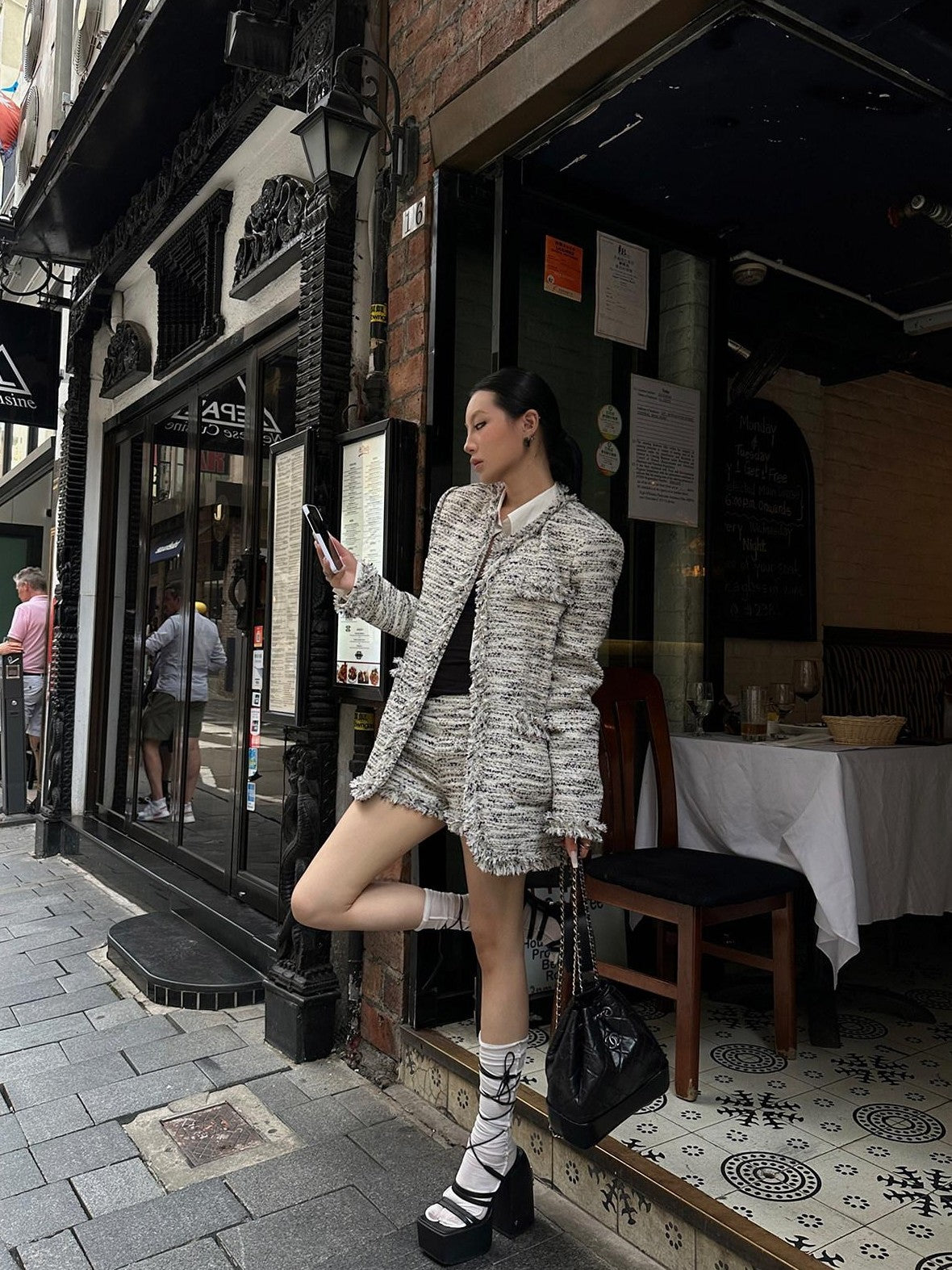 Fanptntox Effortless Frayed Edge Tweed Print Women's Casual Top & Shorts Sets