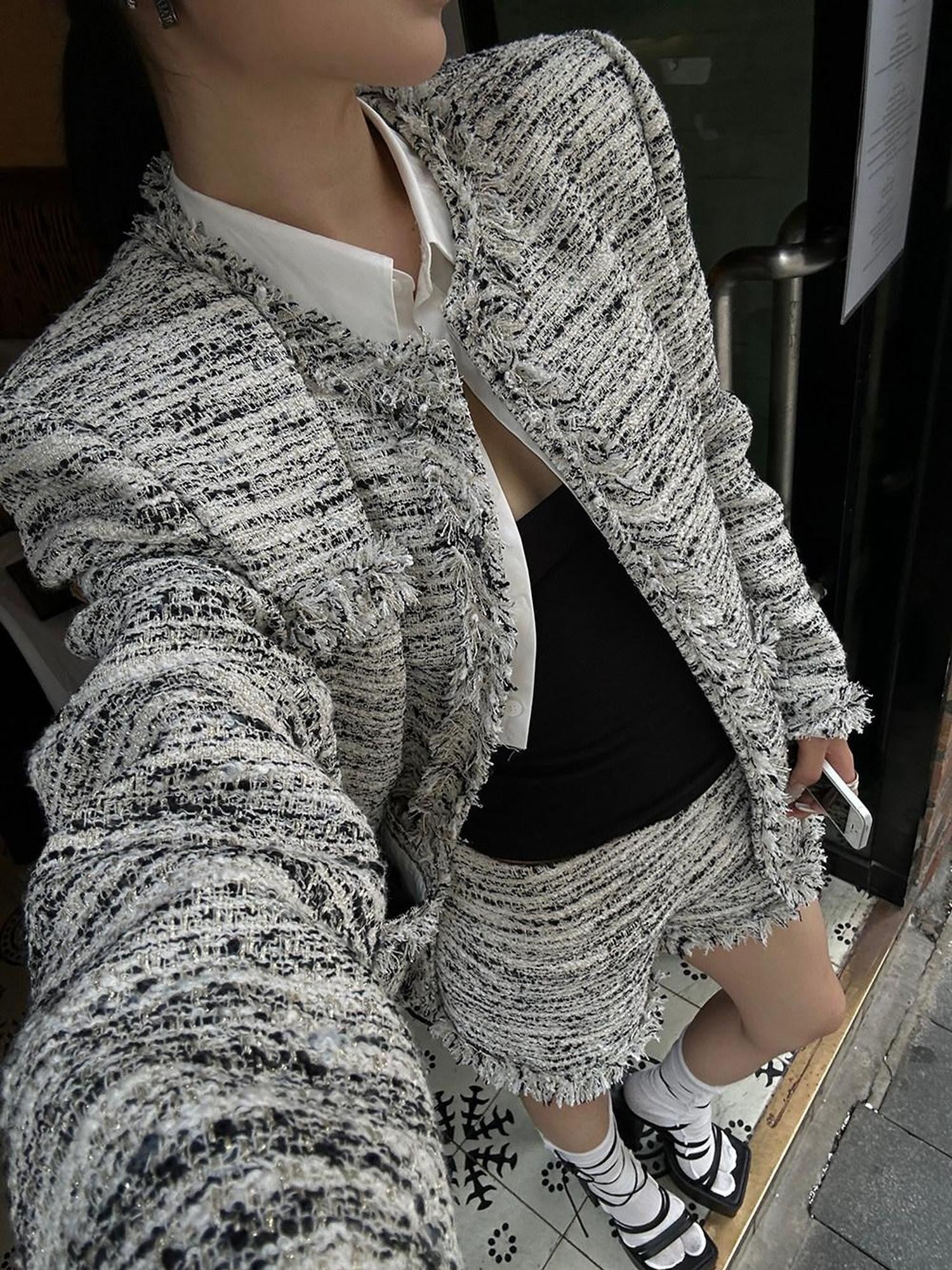 Fanptntox Effortless Frayed Edge Tweed Print Women's Casual Top & Shorts Sets