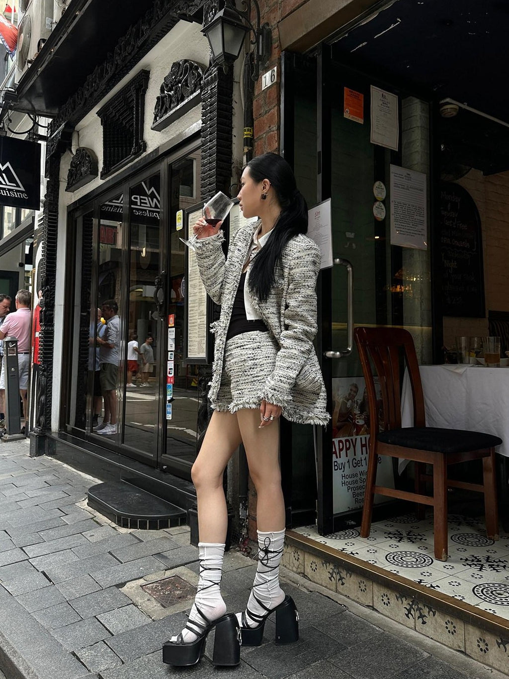 Fanptntox Effortless Frayed Edge Tweed Print Women's Casual Top & Shorts Sets