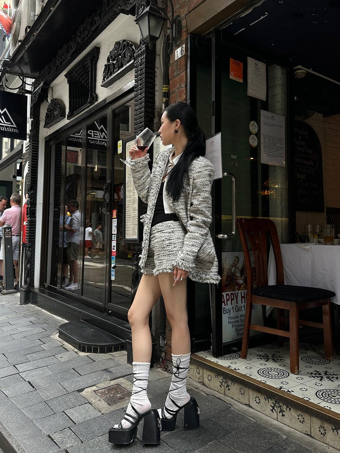Fanptntox Effortless Frayed Edge Tweed Print Women's Casual Top & Shorts Sets