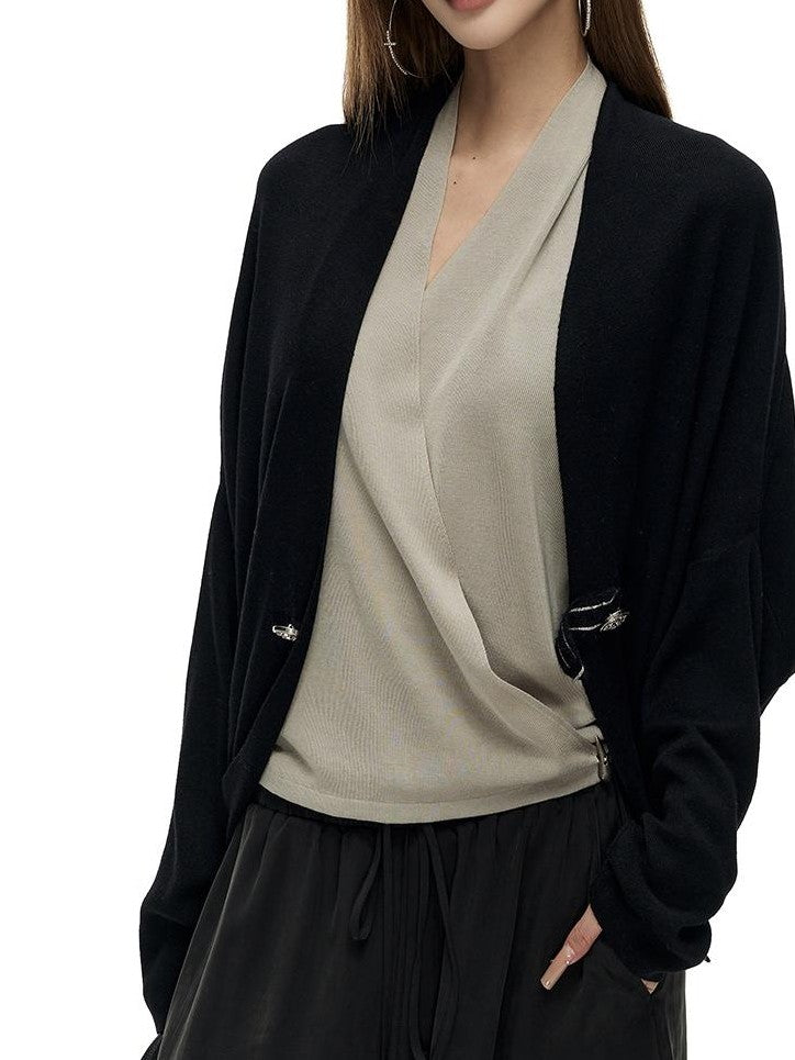 Fanptntox Embroidered Button Wool Blend Batwing Sleeve Women's Cardigans