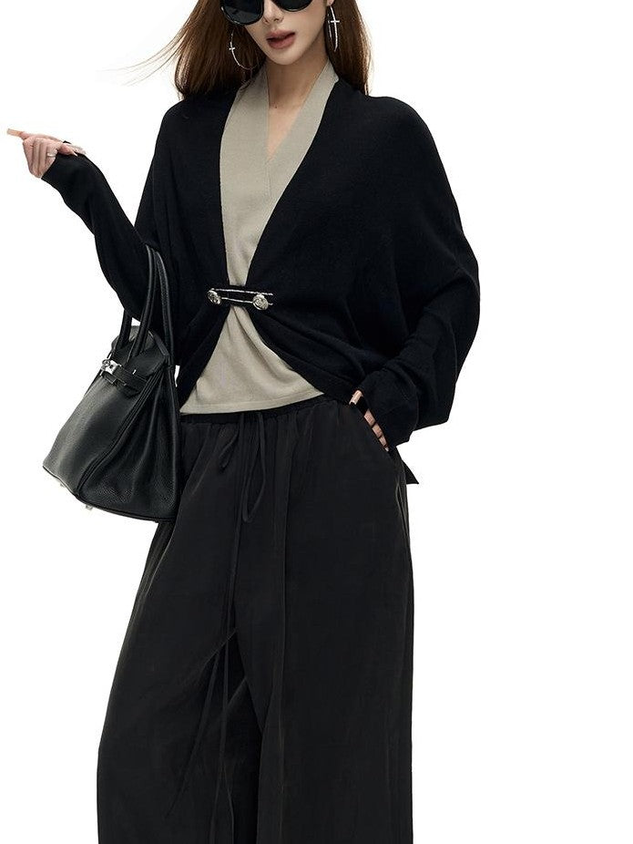Fanptntox Embroidered Button Wool Blend Batwing Sleeve Women's Cardigans