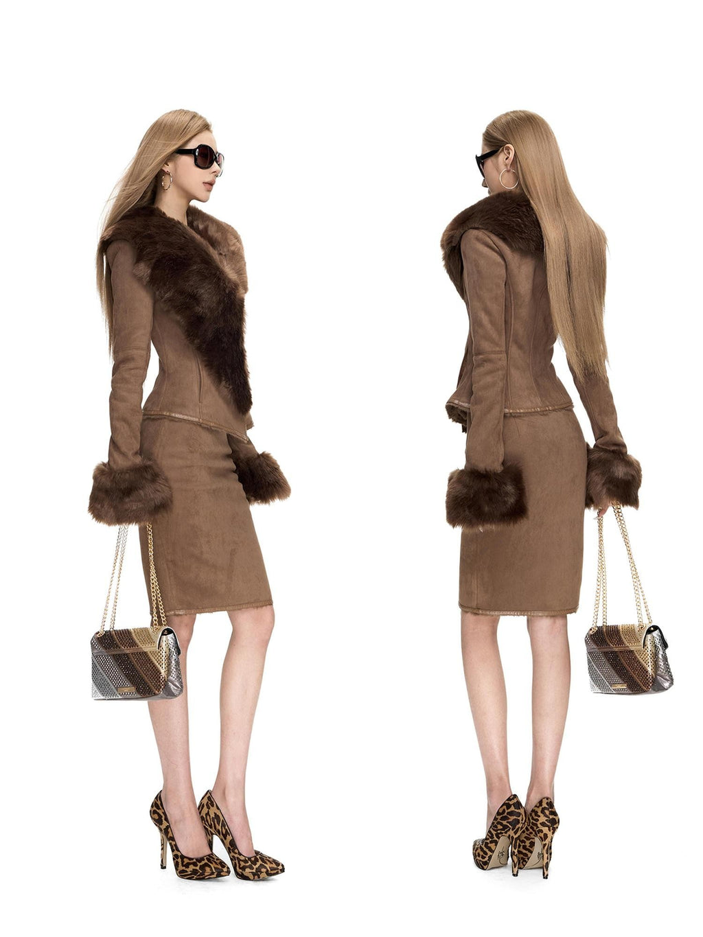 Fanptntox Faux Shearling Large Lapel Slim Women's Suede Velvet Matching Skirt Sets