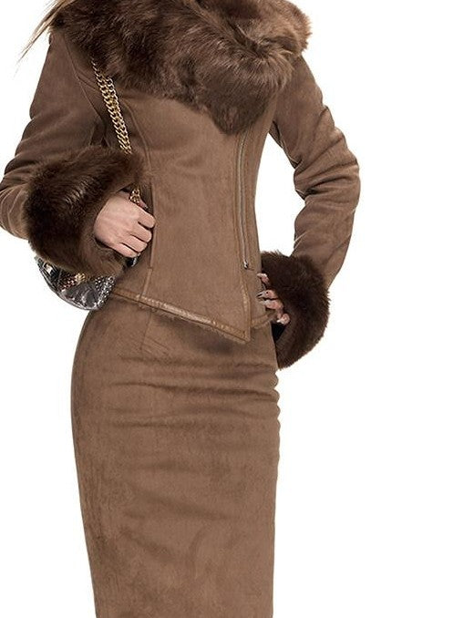 Fanptntox Faux Shearling Large Lapel Slim Women's Suede Velvet Matching Skirt Sets