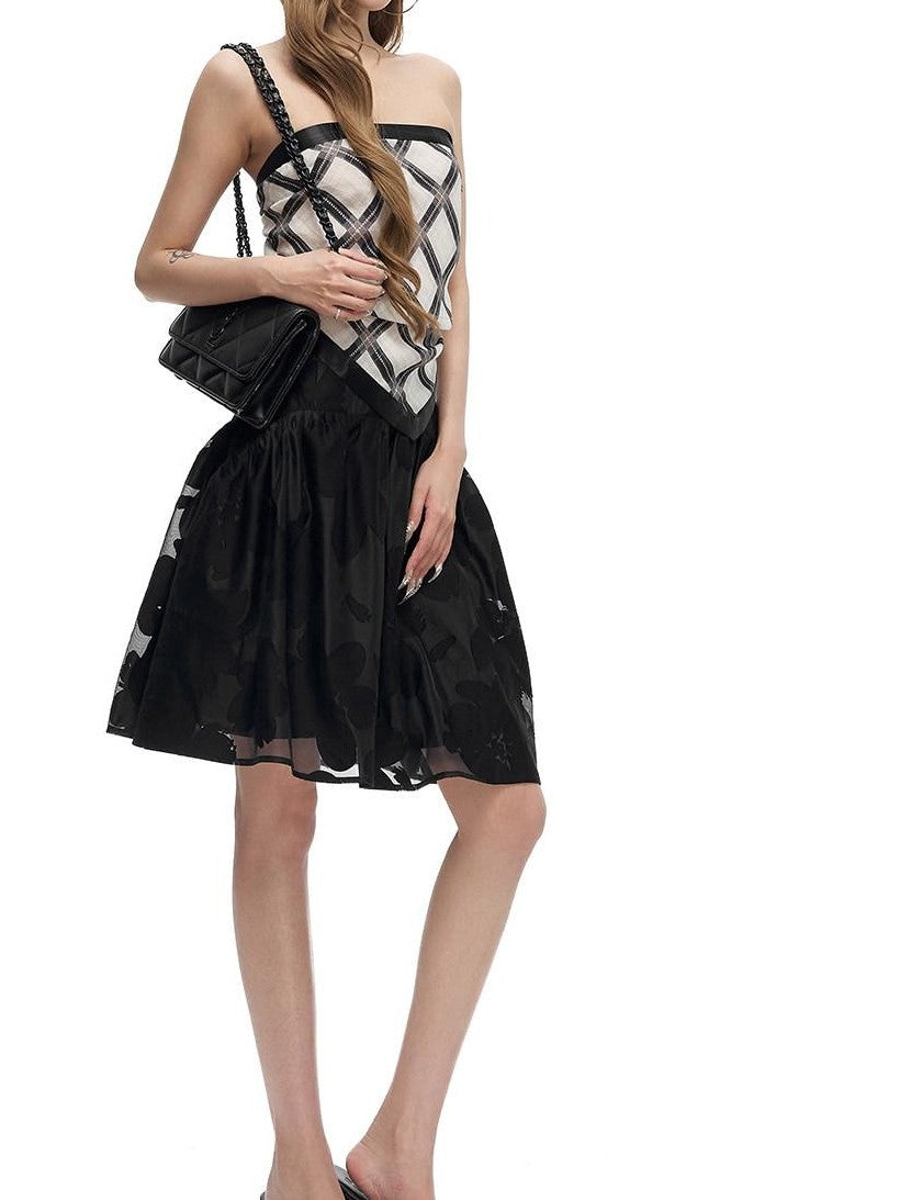 Fanptntox Flocked Tulle Cutout High Waist Puffy Women's Polyester No Lining A-line Skirts