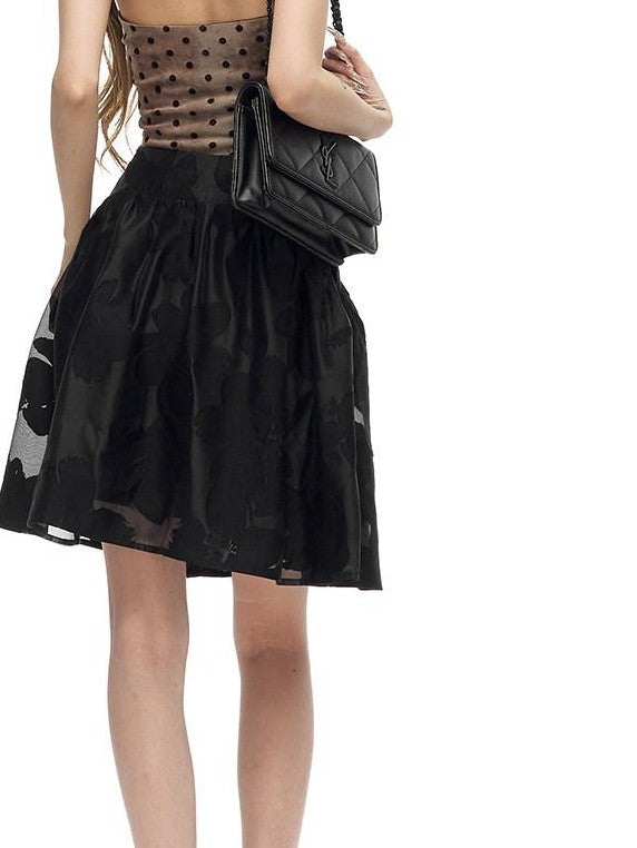 Fanptntox Flocked Tulle Cutout High Waist Puffy Women's Polyester No Lining A-line Skirts
