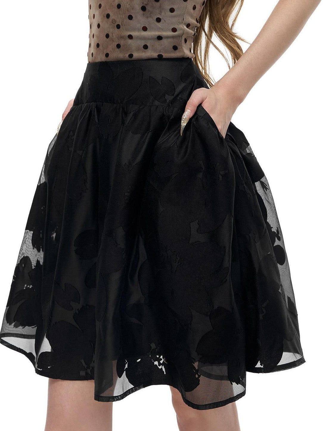 Fanptntox Flocked Tulle Cutout High Waist Puffy Women's Polyester No Lining A-line Skirts