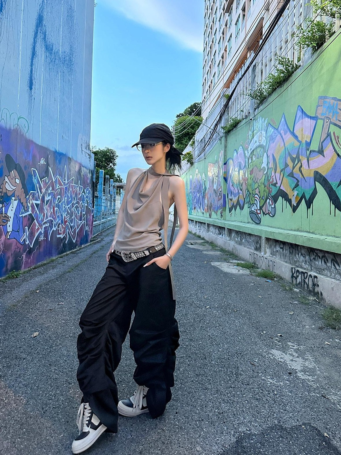 Fanptntox Floor Length Ruched Low Waist Women's Other Fabric Wide-leg Pants