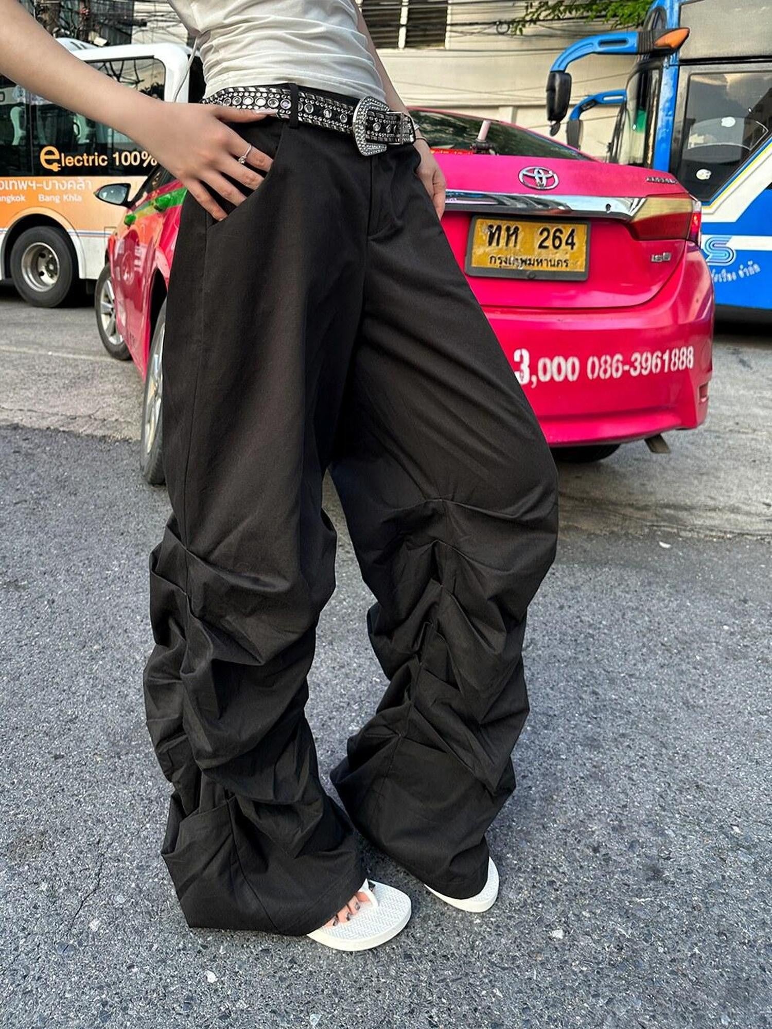 Fanptntox Floor Length Ruched Low Waist Women's Other Fabric Wide-leg Pants