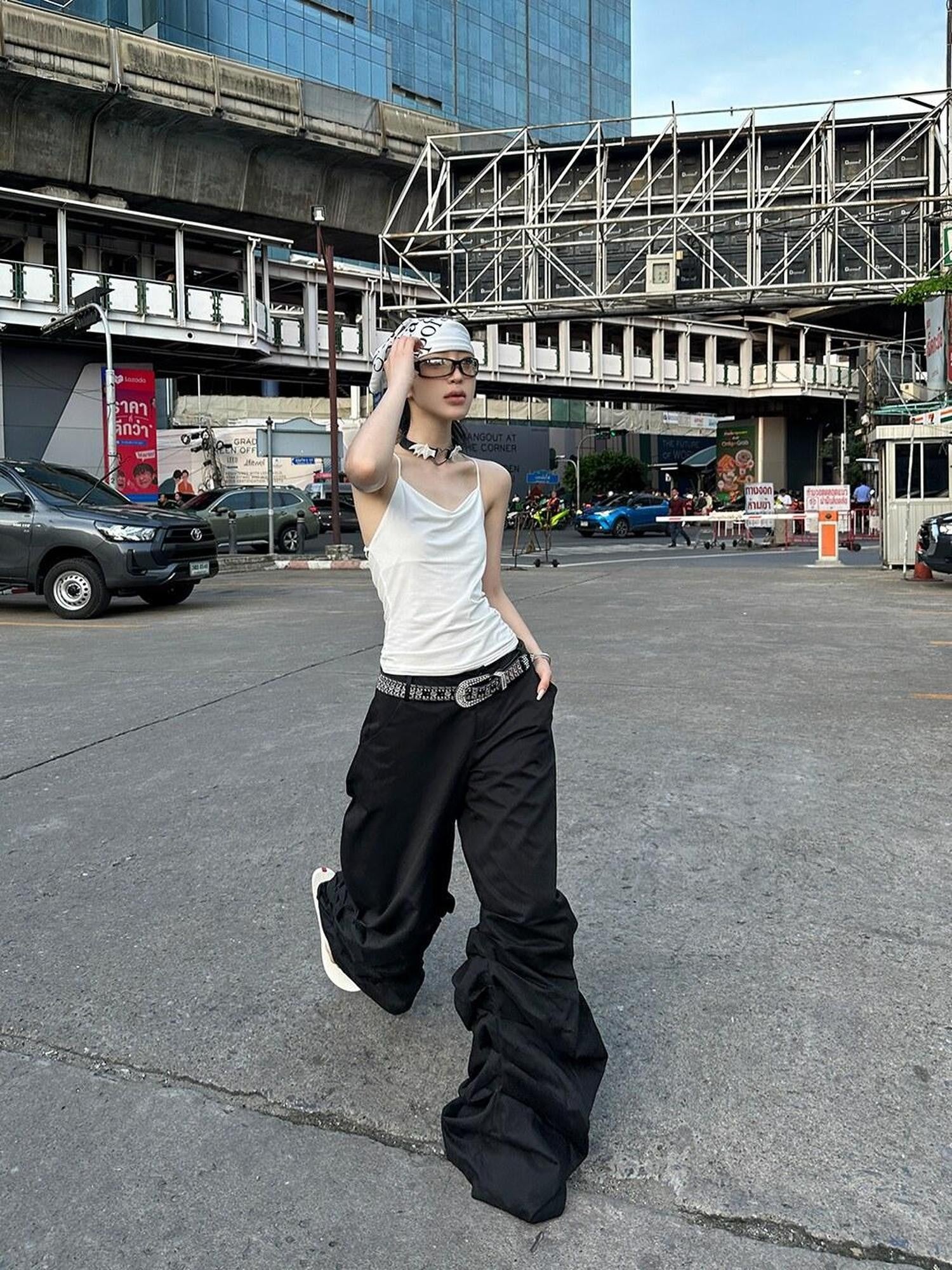 Fanptntox Floor Length Ruched Low Waist Women's Other Fabric Wide-leg Pants