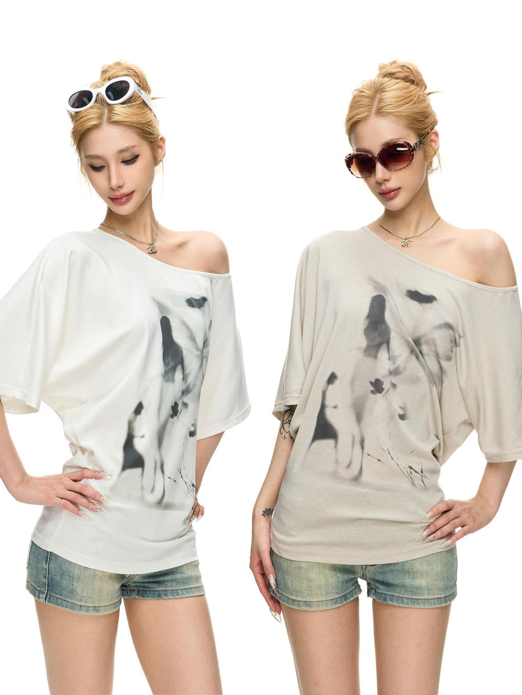 Fanptntox Floral Print Asymmetric Shoulder Women's Lyocell Blend Off-shoulder T-shirts