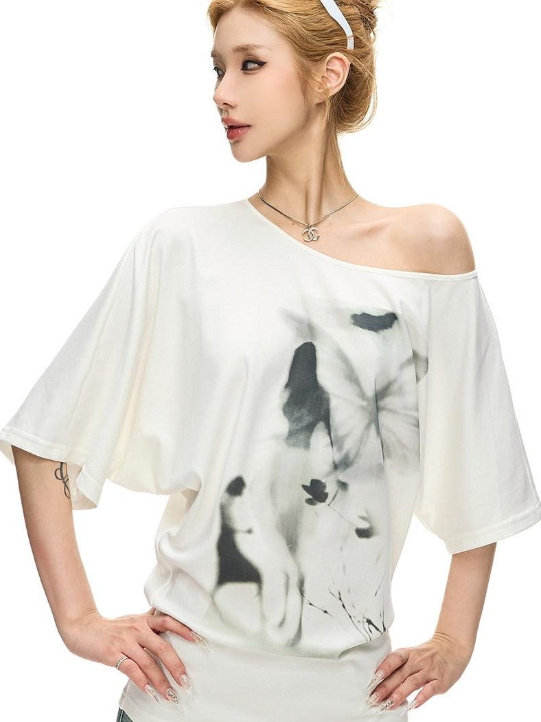 Fanptntox Floral Print Asymmetric Shoulder Women's Lyocell Blend Off-shoulder T-shirts